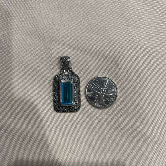 Sterling Silver Rectangle Blue Aura Quartz Filigree Pendant Necklace Charm - Picture 5 of 9